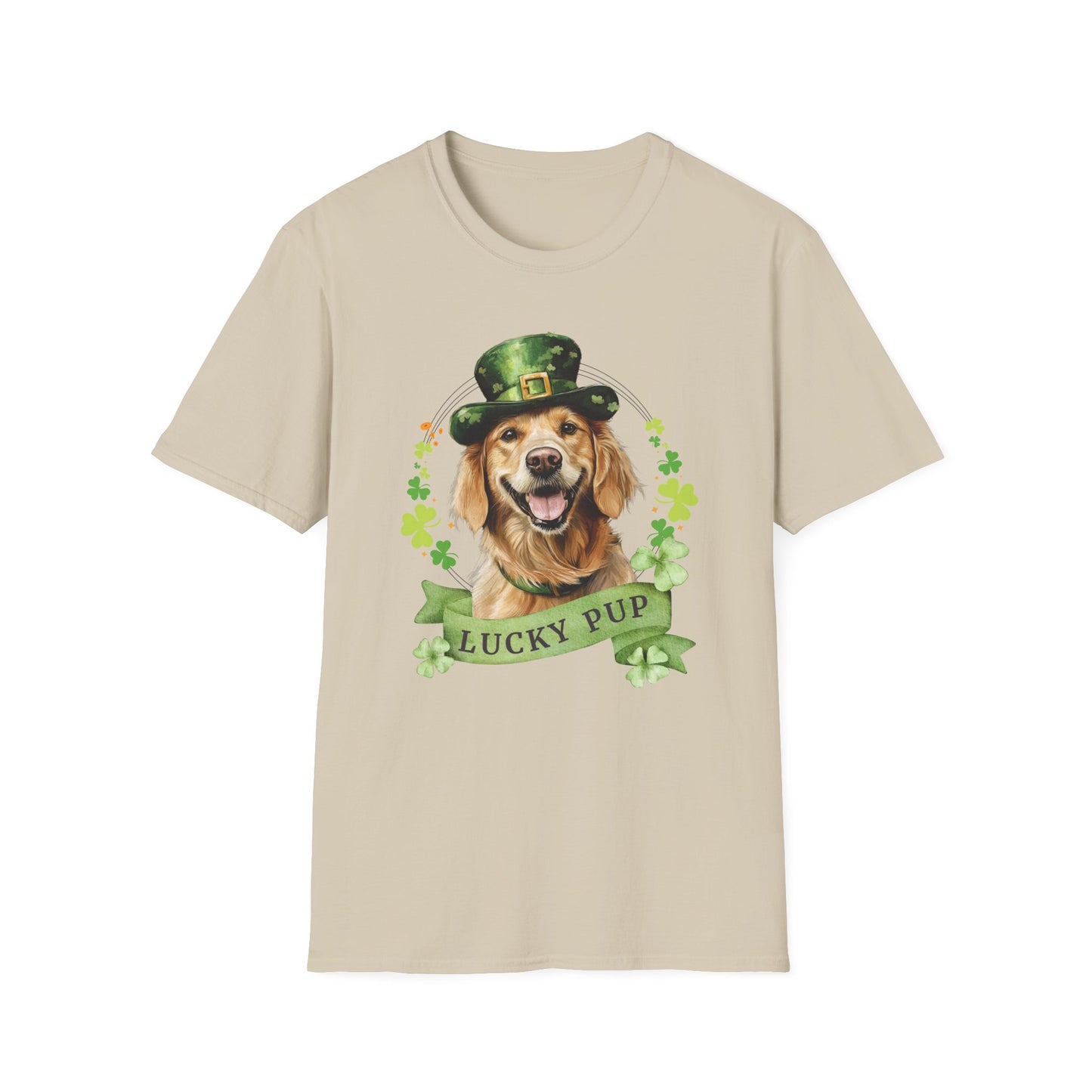 St. Patrick’s Day sand t-shirt featuring a golden retriever dog with a shamrock garland and festive Irish designan