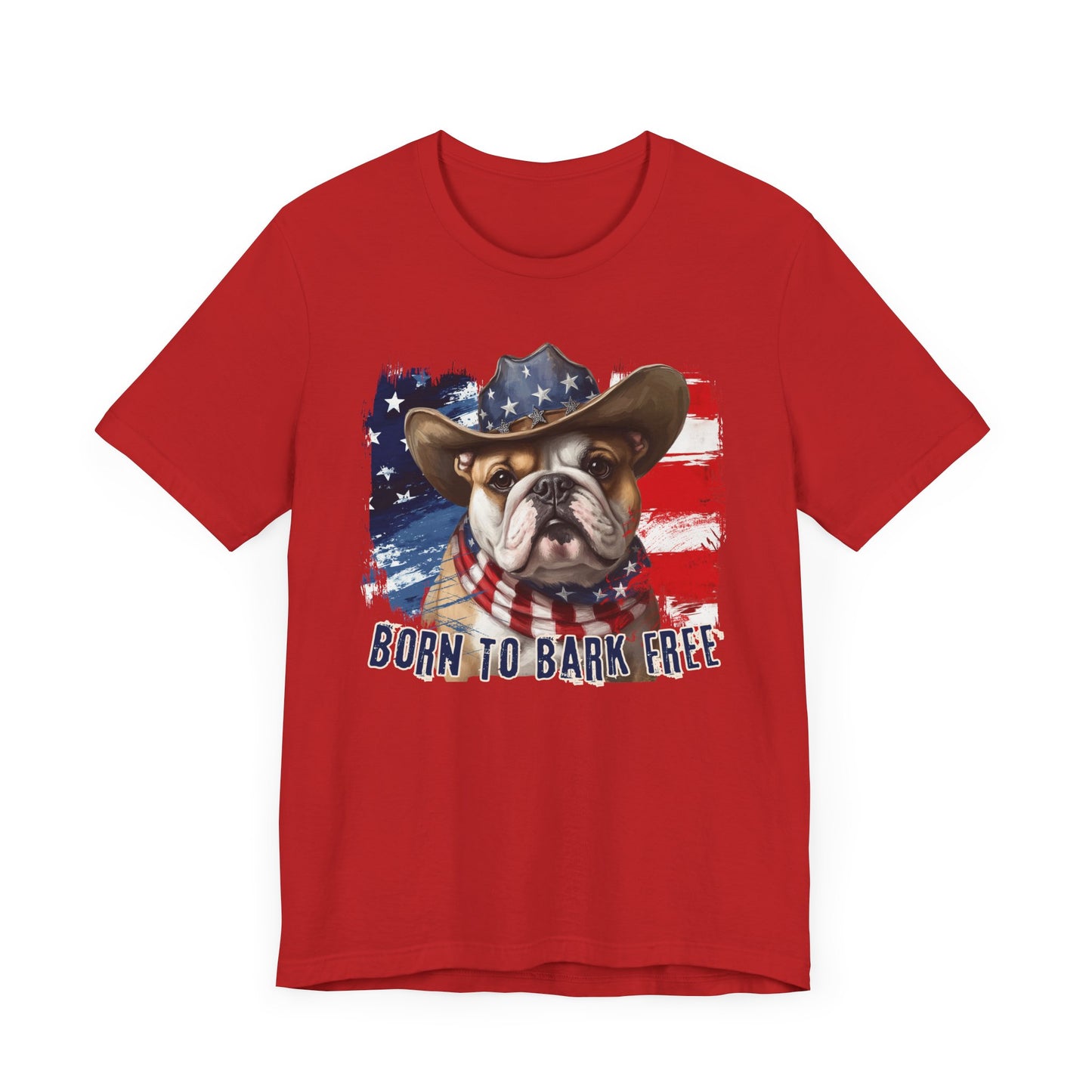 English Bulldog Patriotic T-Shirt "Born to Bark Free" - Dog-Themed Patriotic Design