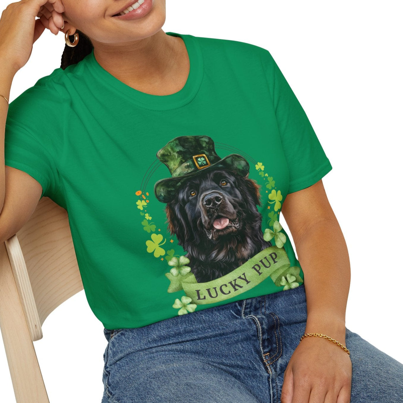 A person wearing St. Patrick’s Day newfoundland dog t-shirt with a lucky shamrock print, great for dog lovers