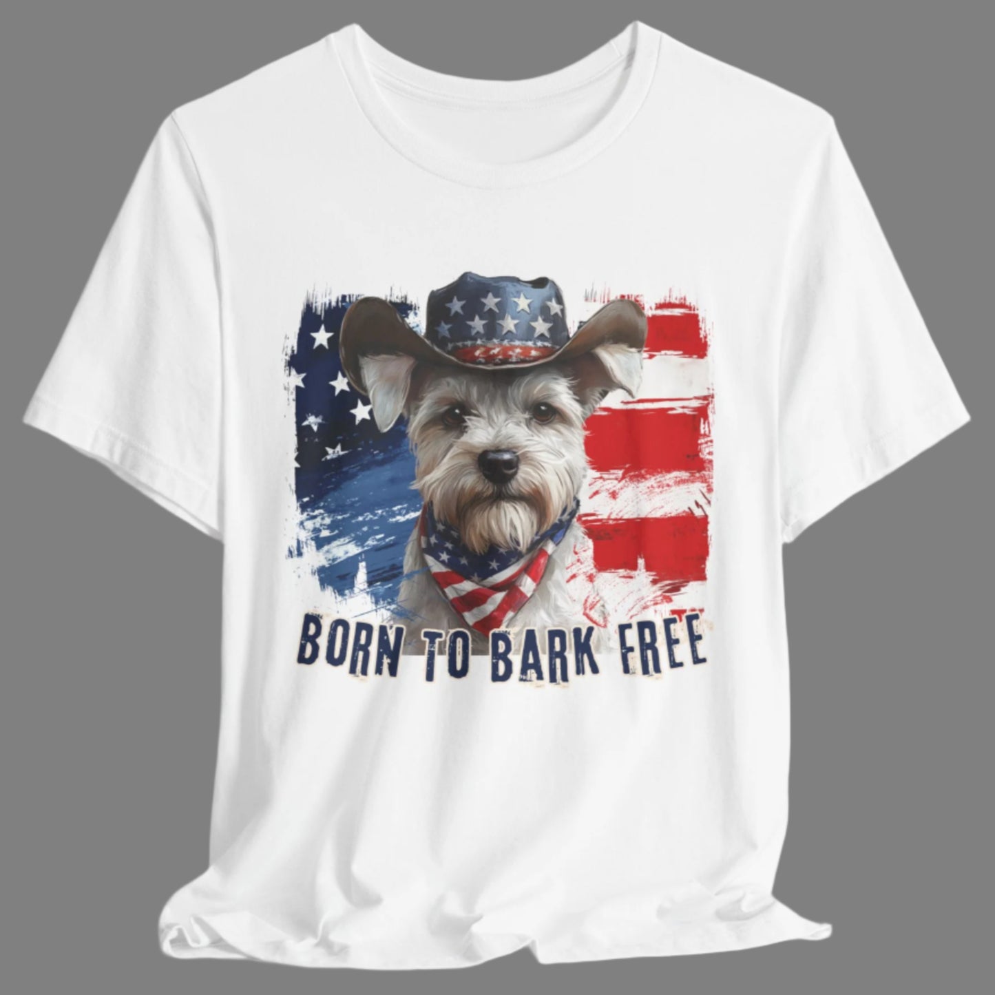 White Schnauzer Patriotic T-Shirt "Born to Bark Free" - Dog-Themed Patriotic Design
