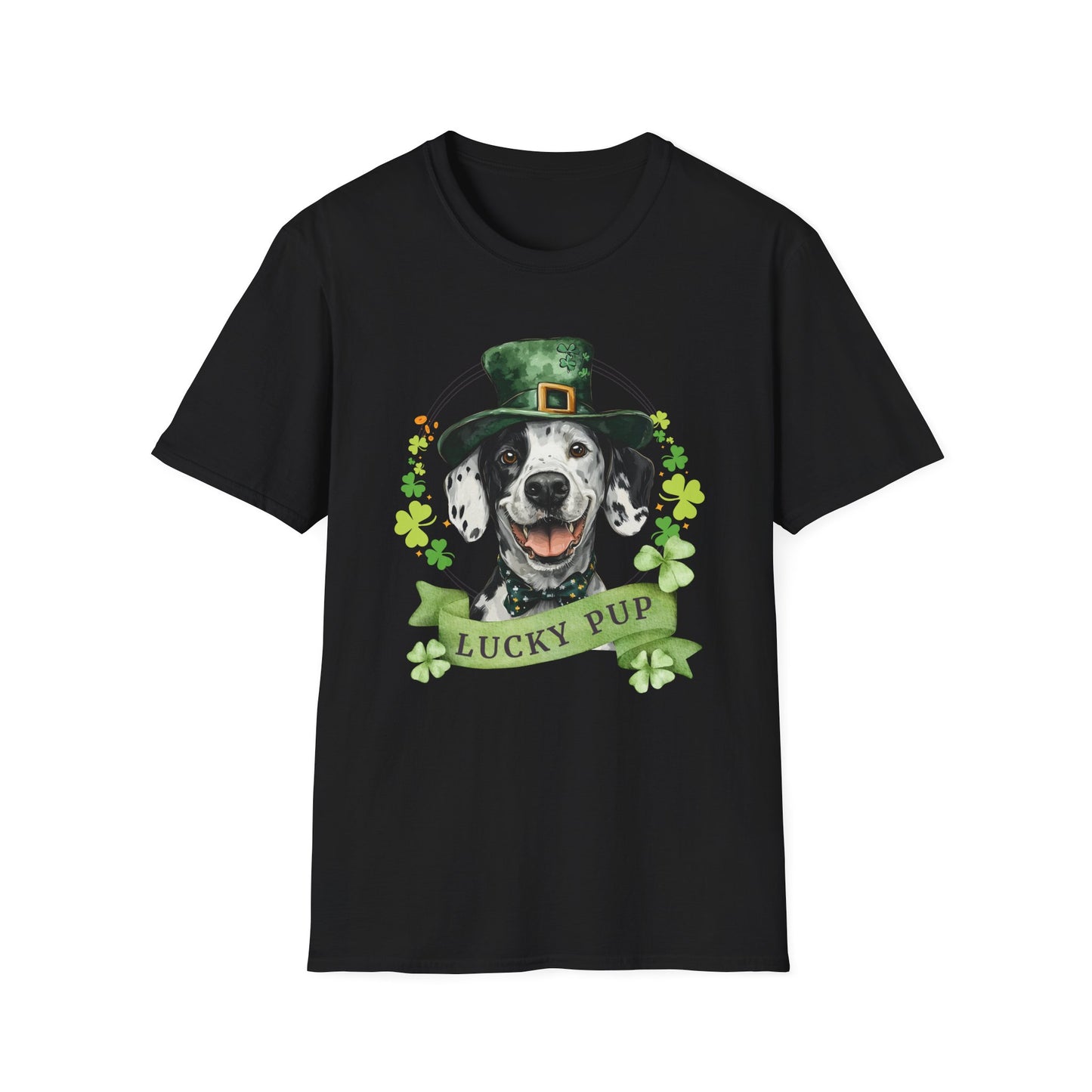 black St. Patrick’s Day t-shirt featuring a Dalmatian lucky pup with a shamrock garland and festive Irish