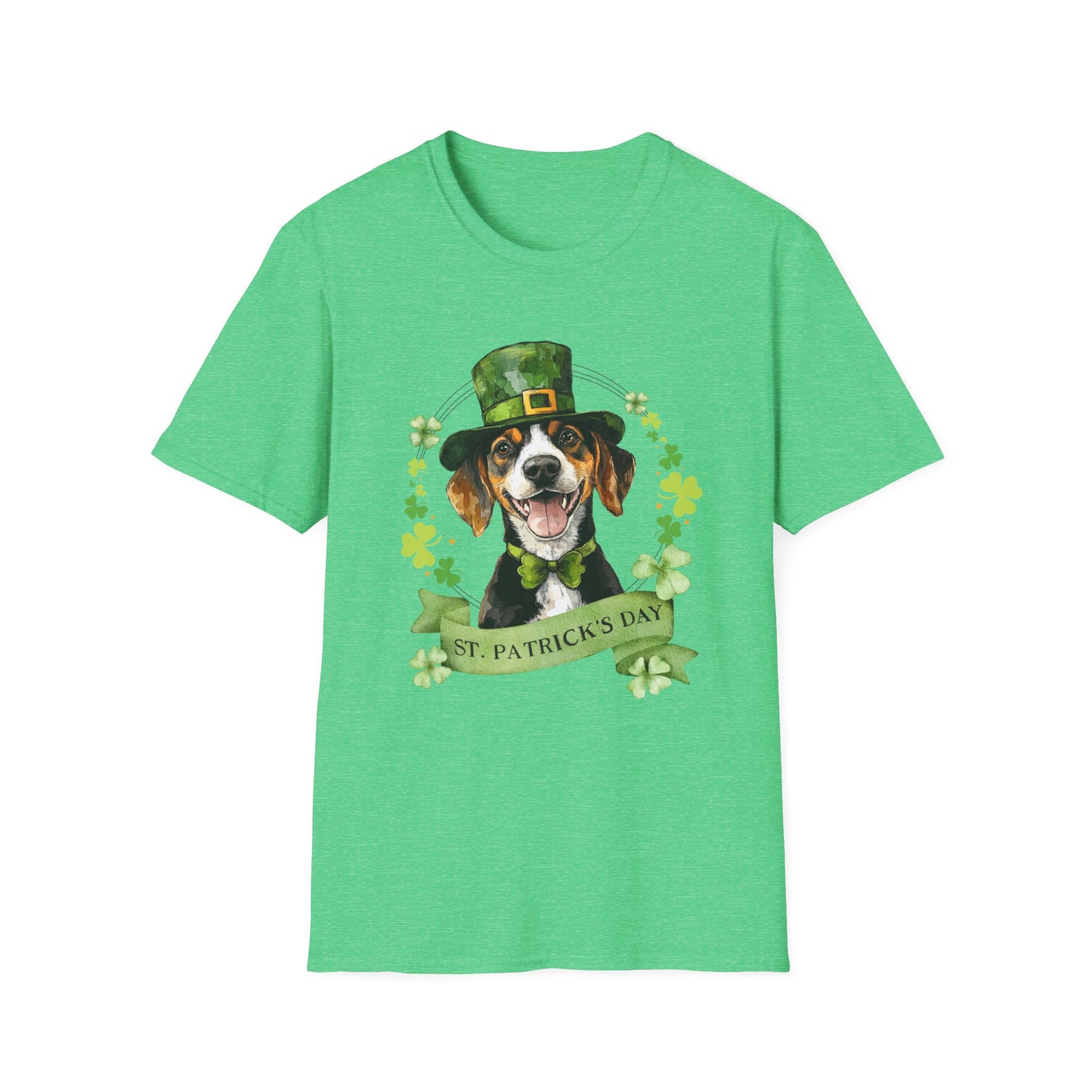 St. Patrick’s Day t-shirt featuring a Beagle dog with a shamrock garland and festive Irish design