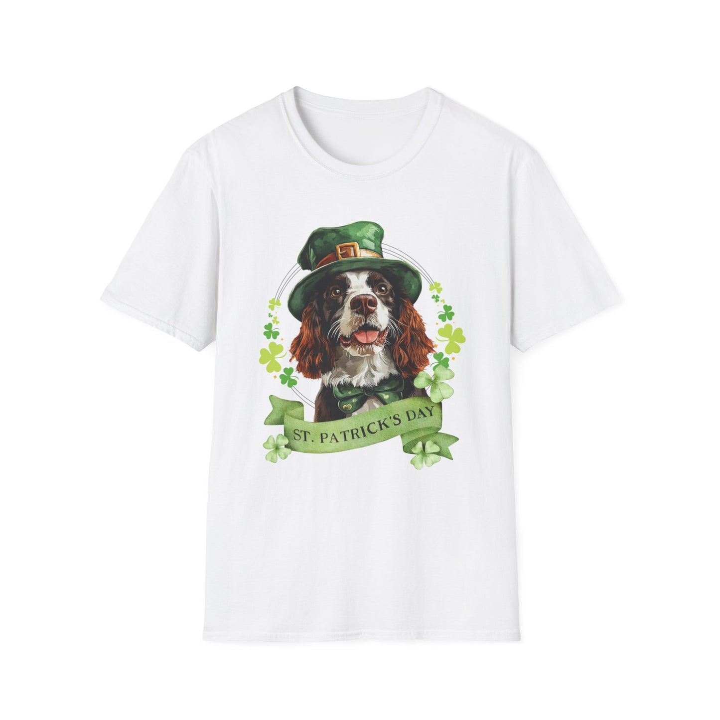St. Patrick’s Day t-shirt featuring an English springer spaniel dog with a shamrock garland and festive Irish design