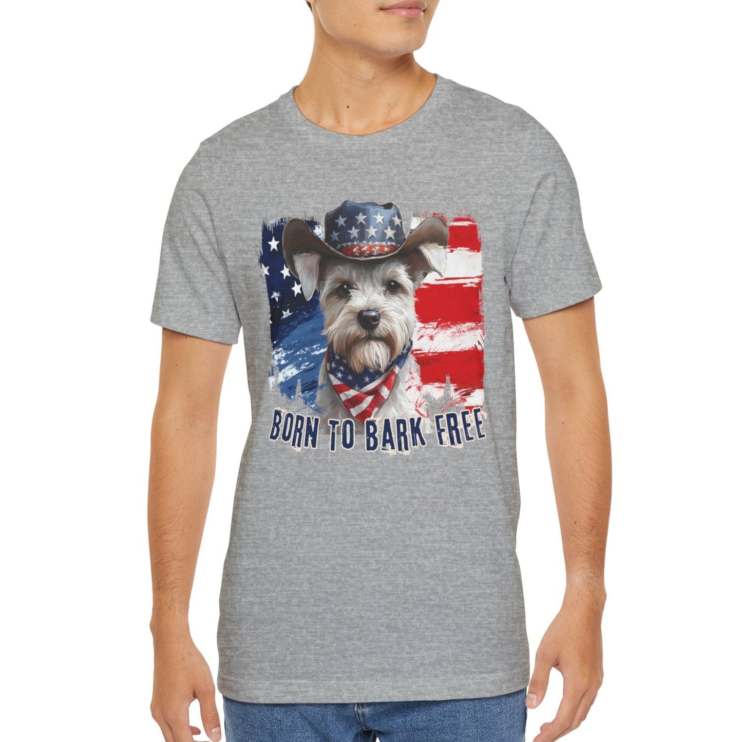 White Schnauzer Patriotic T-Shirt "Born to Bark Free" - Dog-Themed Patriotic Design