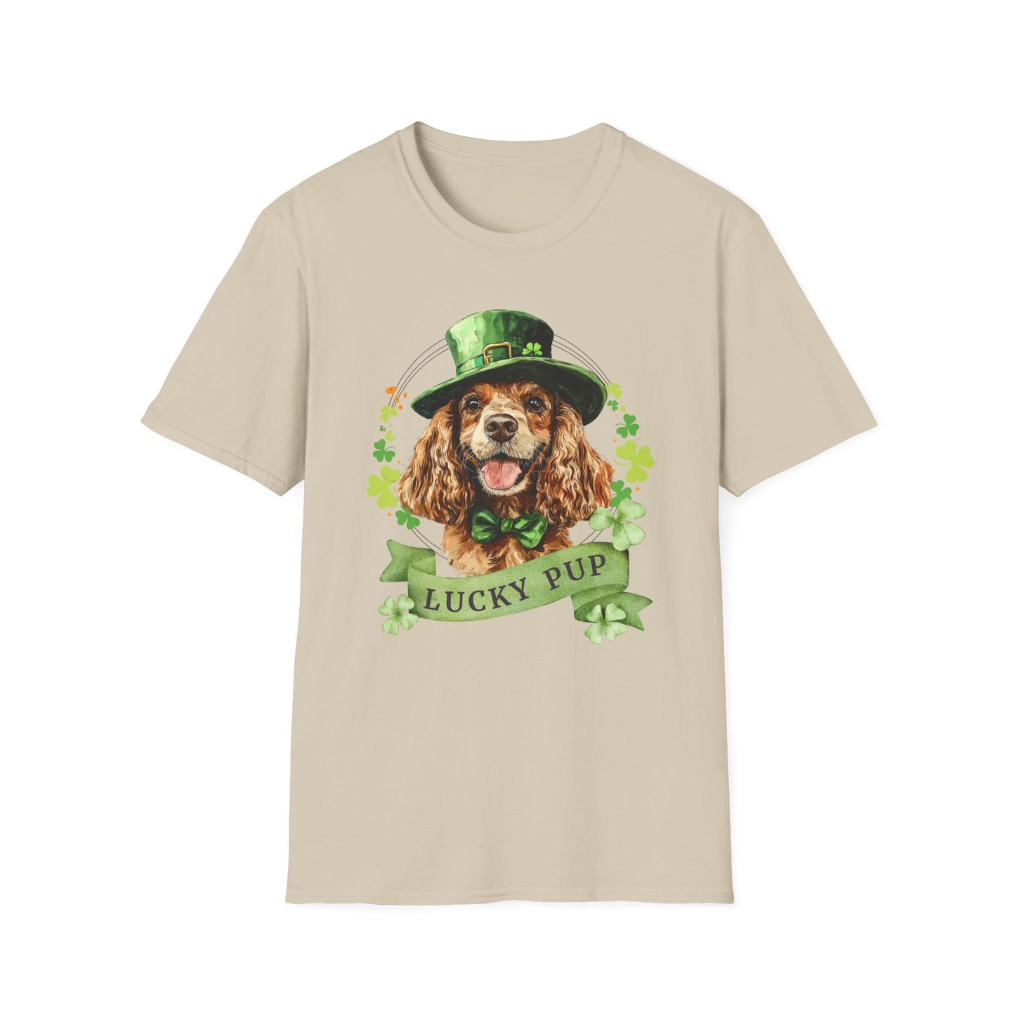 St. Patrick’s Day t-shirt featuring American cocker spaniel dog with a shamrock garland and festive Irish design