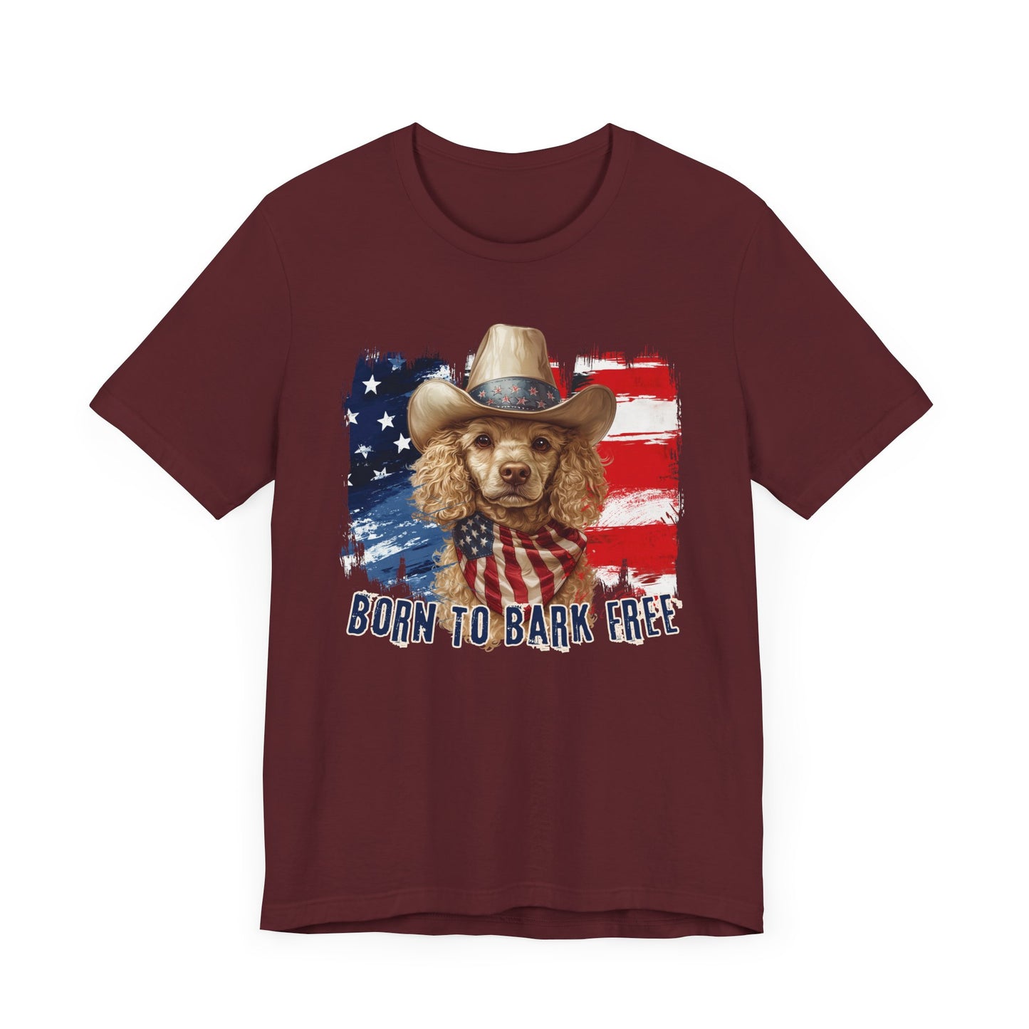 Yellow Poodle Patriotic T-Shirt "Born to Bark Free" - Dog-Themed Patriotic Design