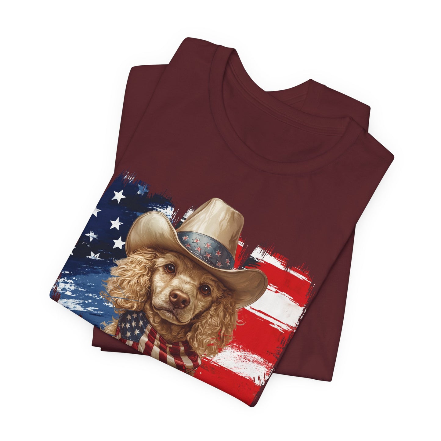 Yellow Poodle Patriotic T-Shirt "Born to Bark Free" - Dog-Themed Patriotic Design