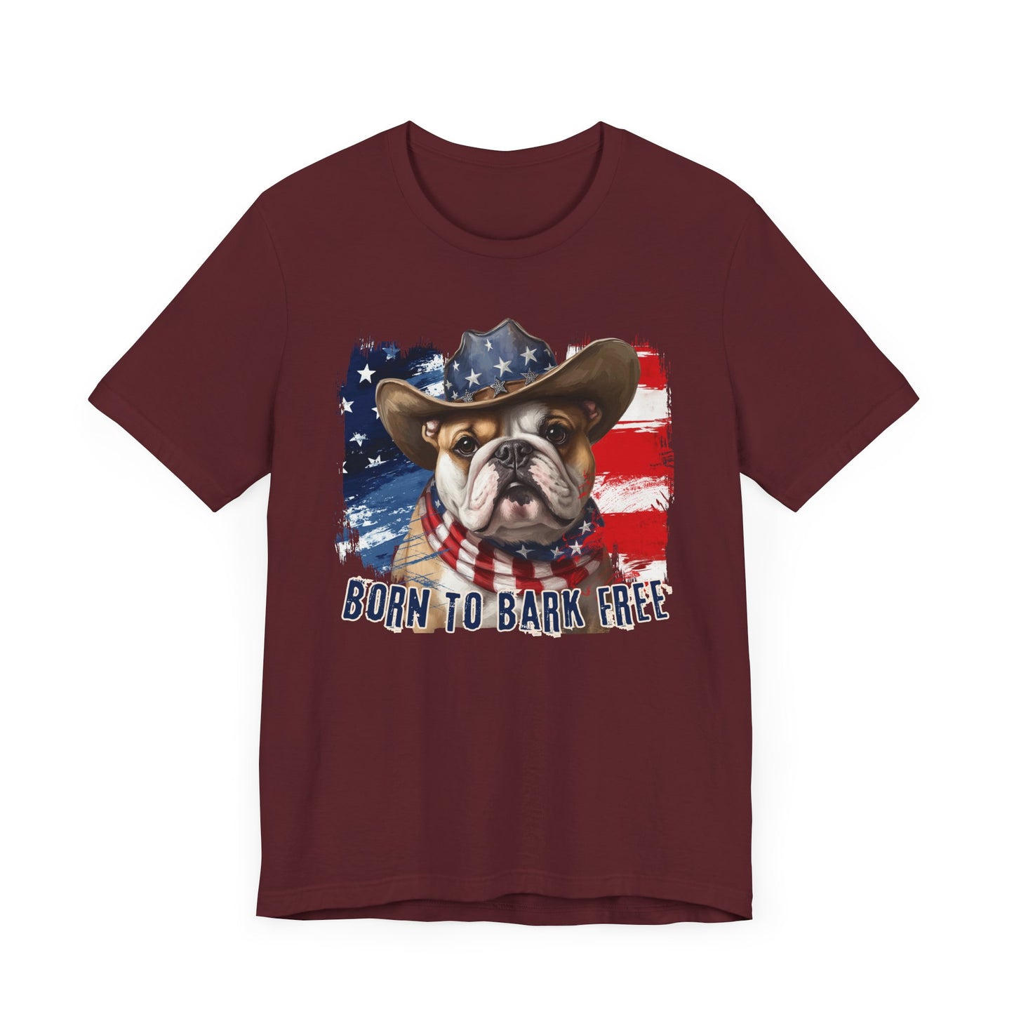English Bulldog Patriotic T-Shirt "Born to Bark Free" - Dog-Themed Patriotic Design