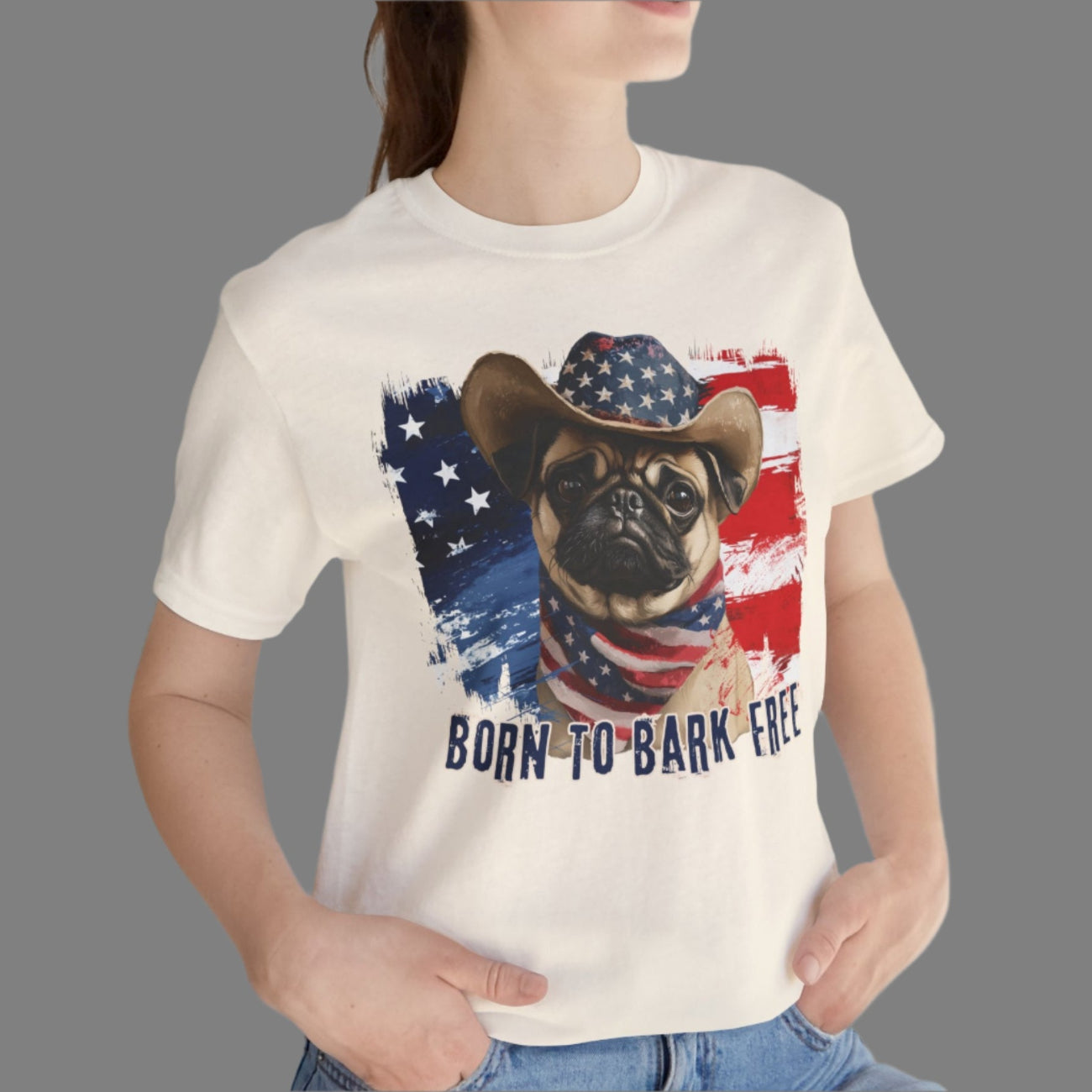 pug american flag patriotic t-shirt, born to bark free, natural
