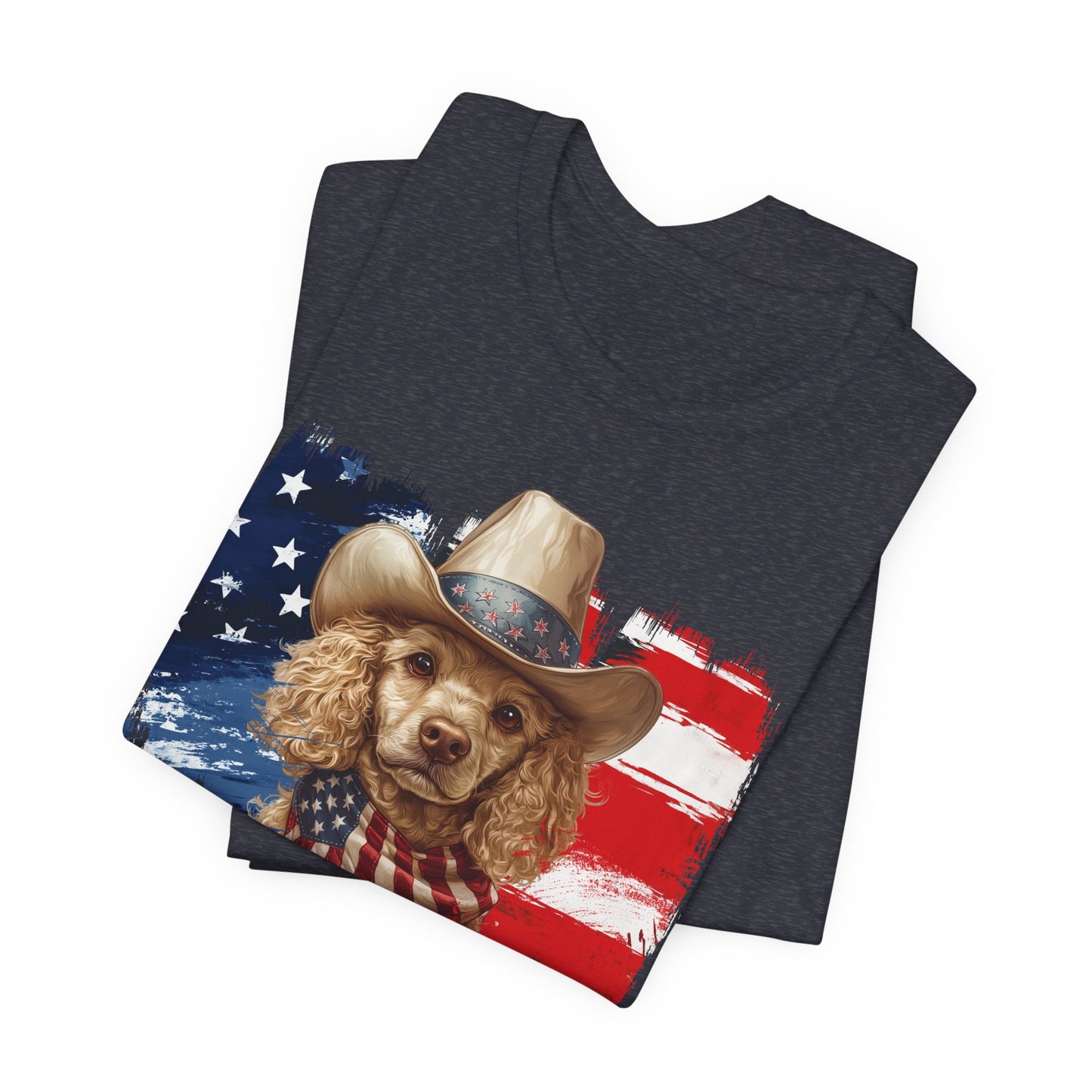 Yellow Poodle Patriotic T-Shirt "Born to Bark Free" - Dog-Themed Patriotic Design