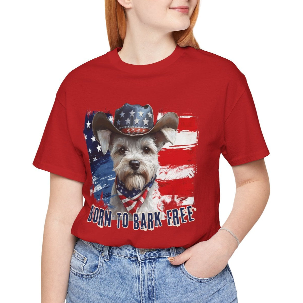 White Schnauzer Patriotic T-Shirt "Born to Bark Free" - Dog-Themed Patriotic Design