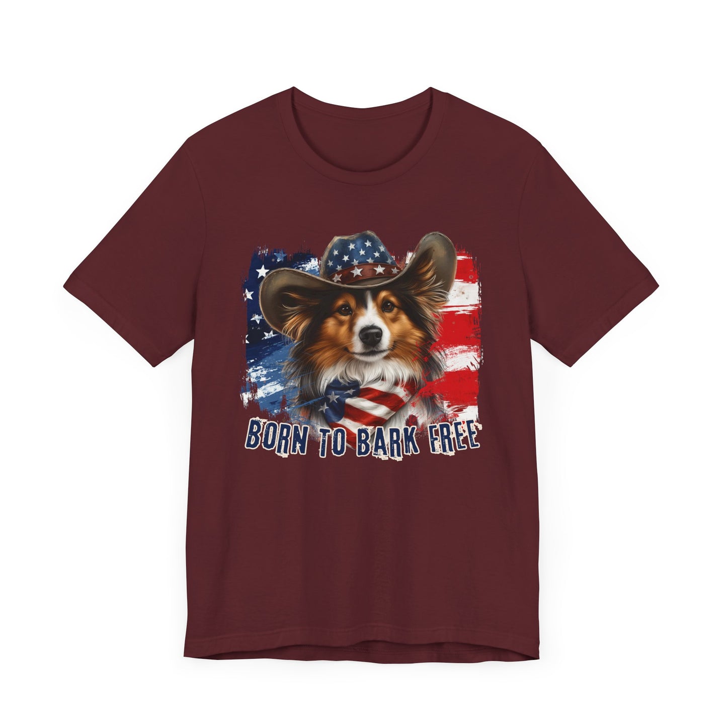 Sheltie Patriotic T-Shirt "Born to Bark Free" - Dog-Themed Patriotic Design