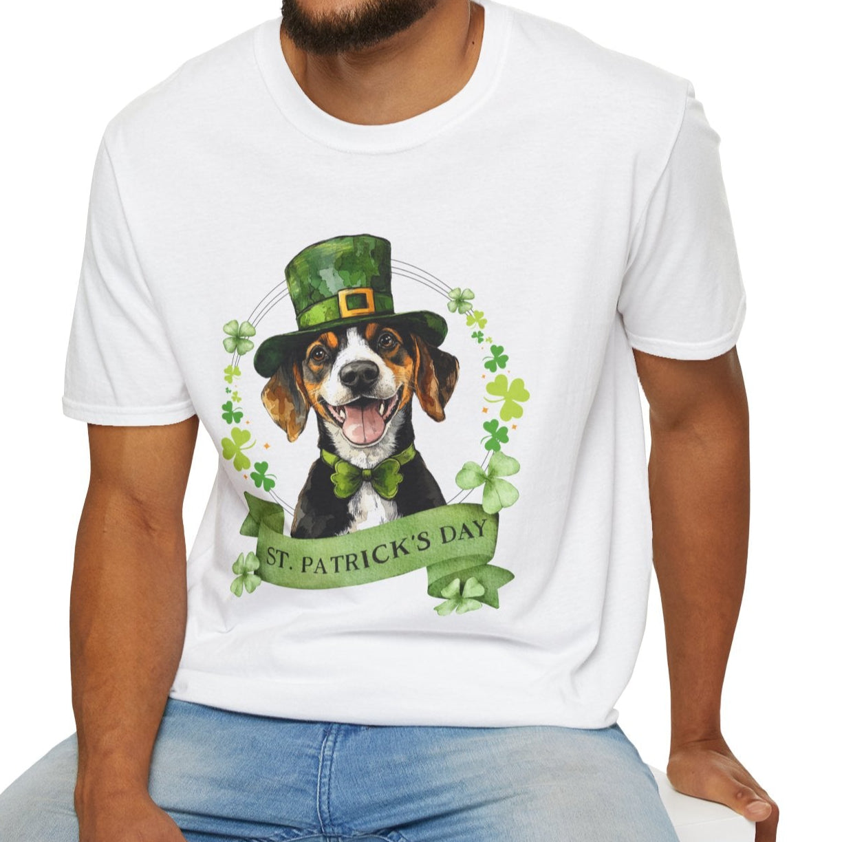 St. Patrick’s Day t-shirt featuring a Beagle dog with a shamrock garland and festive Irish design