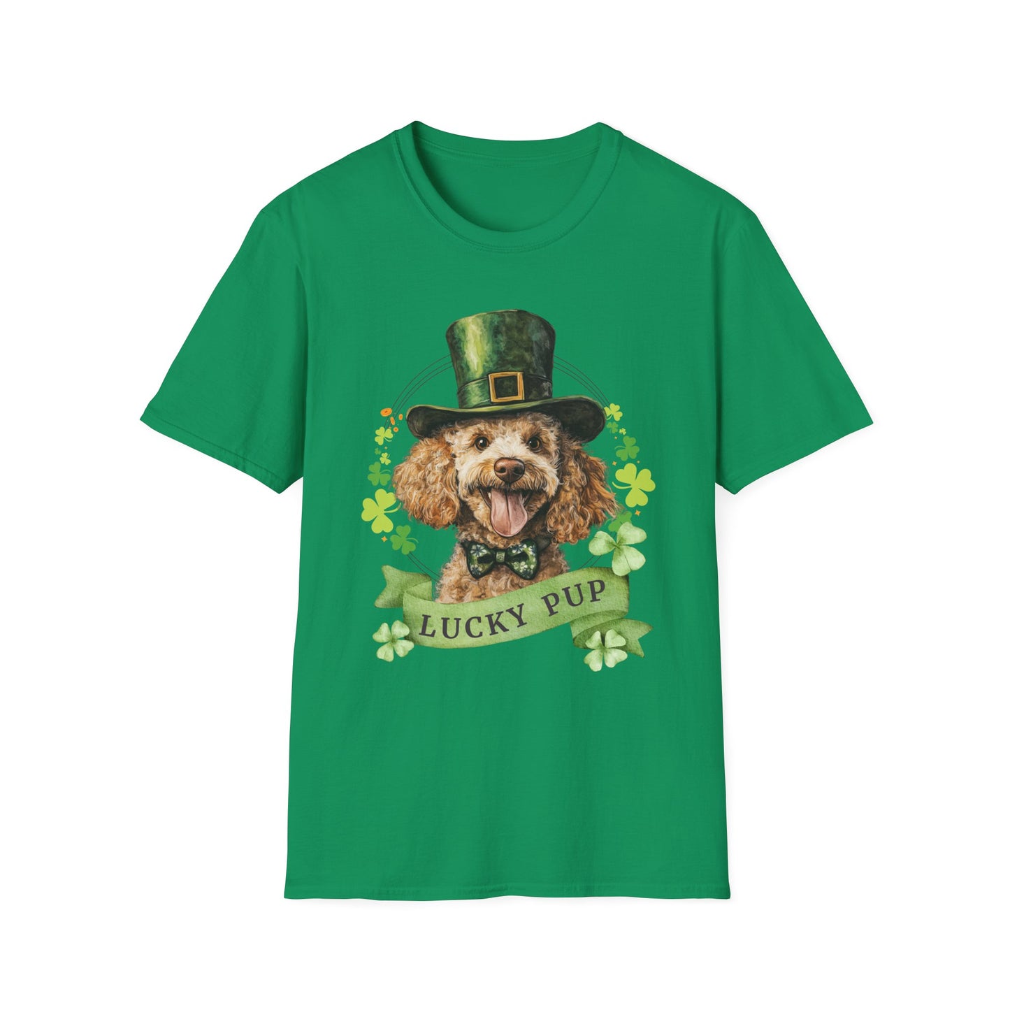 St. Patrick’s Day kelly green t-shirt featuring a Poodle dog with a shamrock garland and festive Irish design
