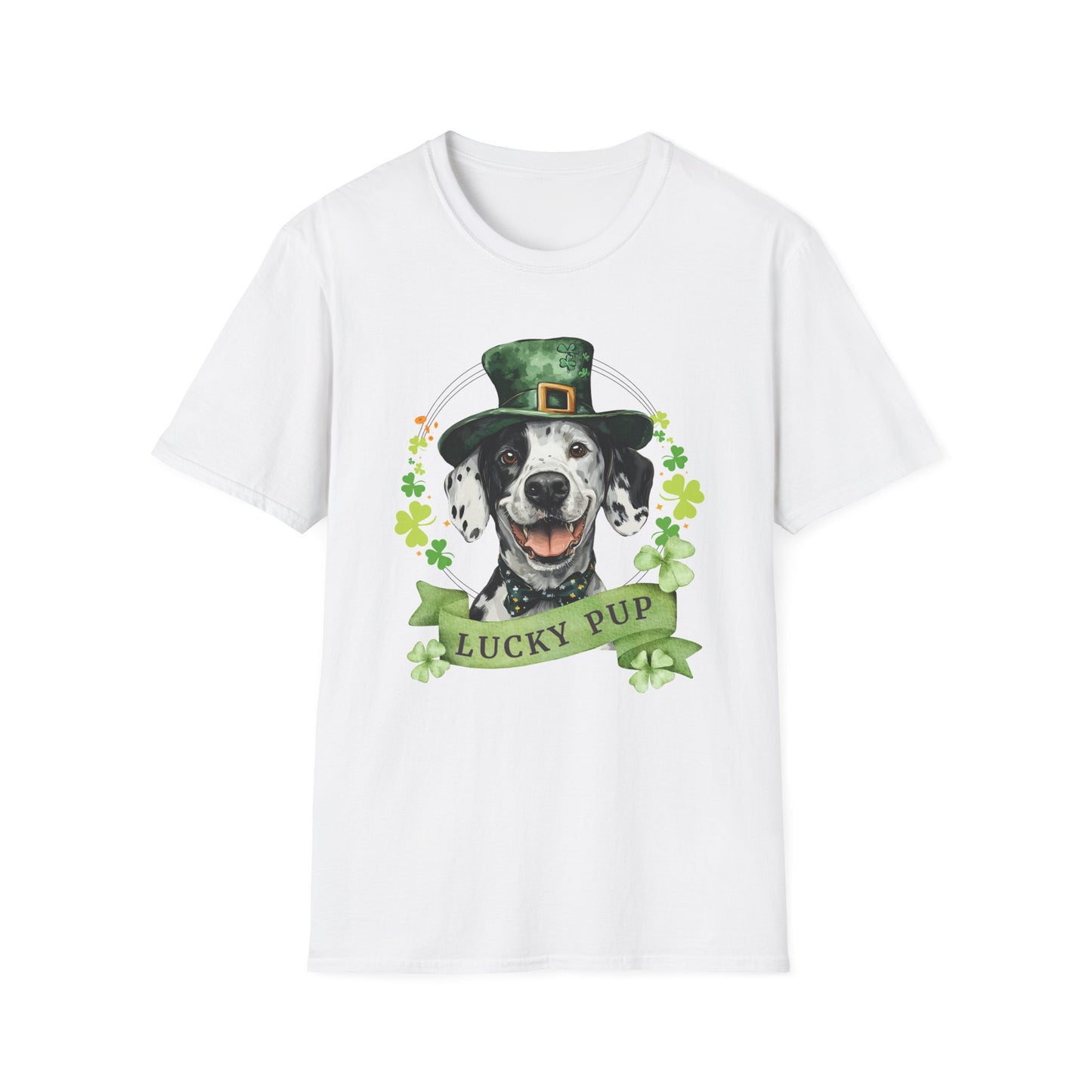 white St. Patrick’s Day t-shirt featuring a Dalmatian lucky pup with a shamrock garland and festive Irish