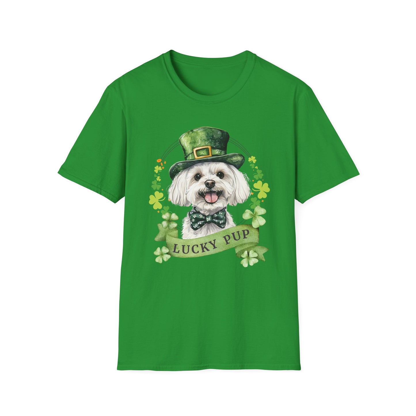 St. Patrick’s Day maltese dog irish green t-shirt with a lucky shamrock print, great for dog lovers
