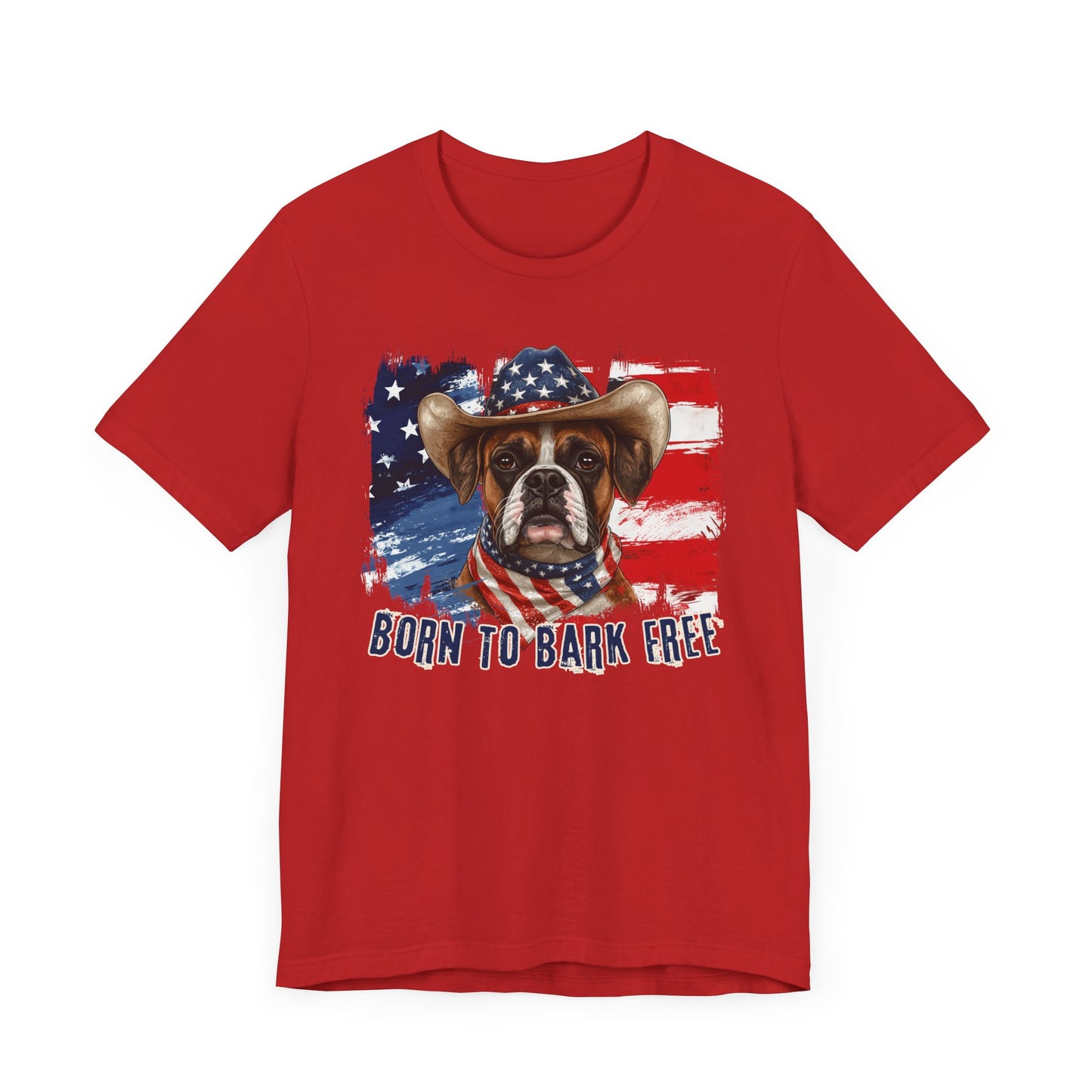 Boxer Patriotic T-Shirt "Born to Bark Free" - Dog-Themed Patriotic Design