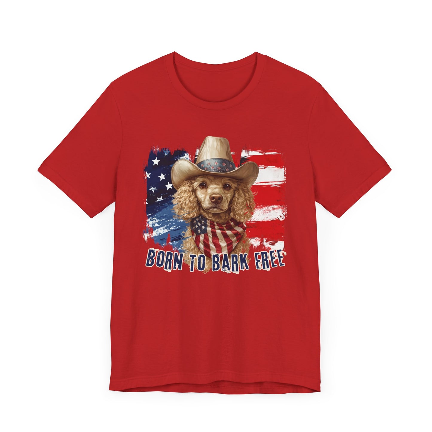 Yellow Poodle Patriotic T-Shirt "Born to Bark Free" - Dog-Themed Patriotic Design