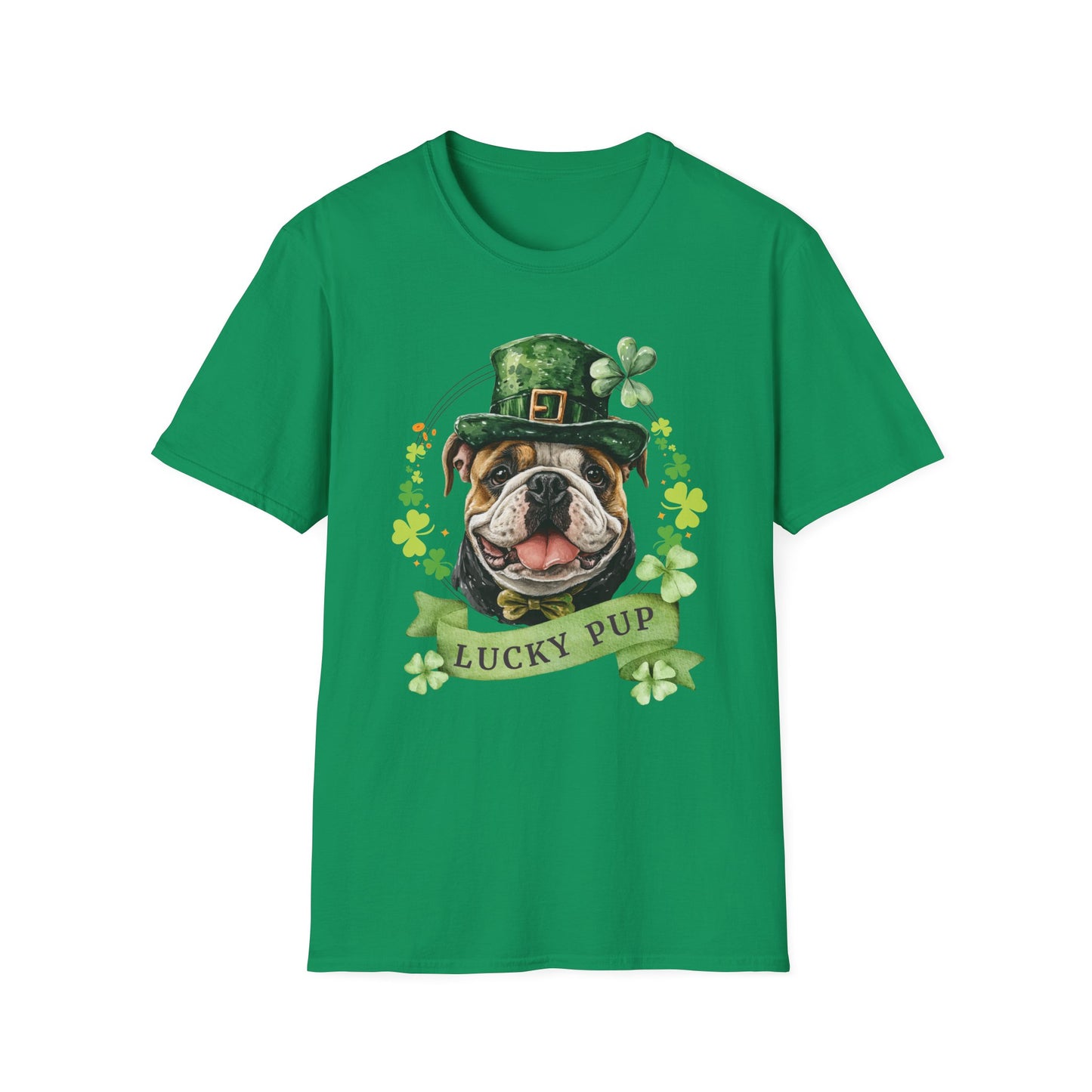 St. Patrick’s Day t-shirt featuring a English bulldog with a shamrock garland and festive Irish design