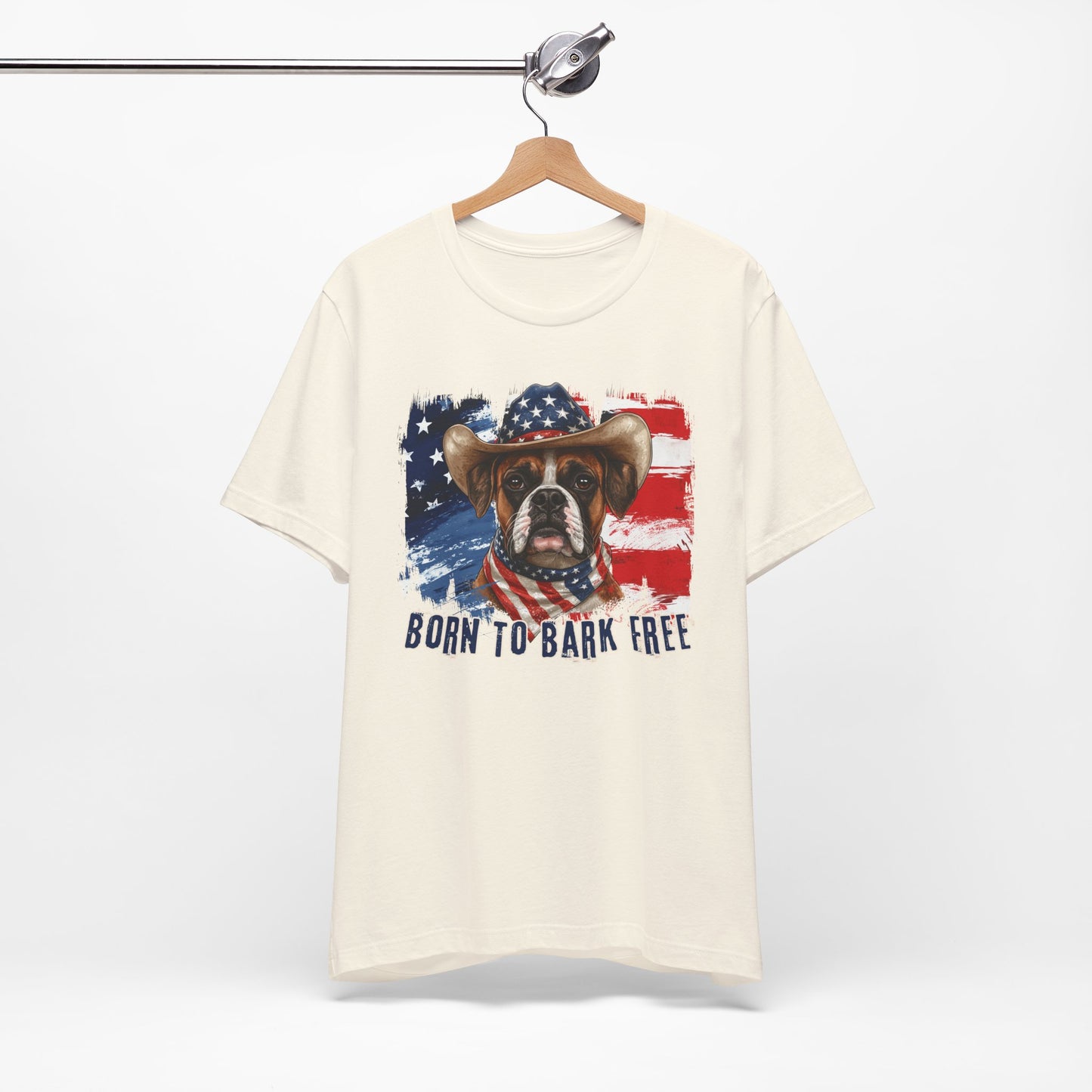 Boxer Patriotic T-Shirt "Born to Bark Free" - Dog-Themed Patriotic Design