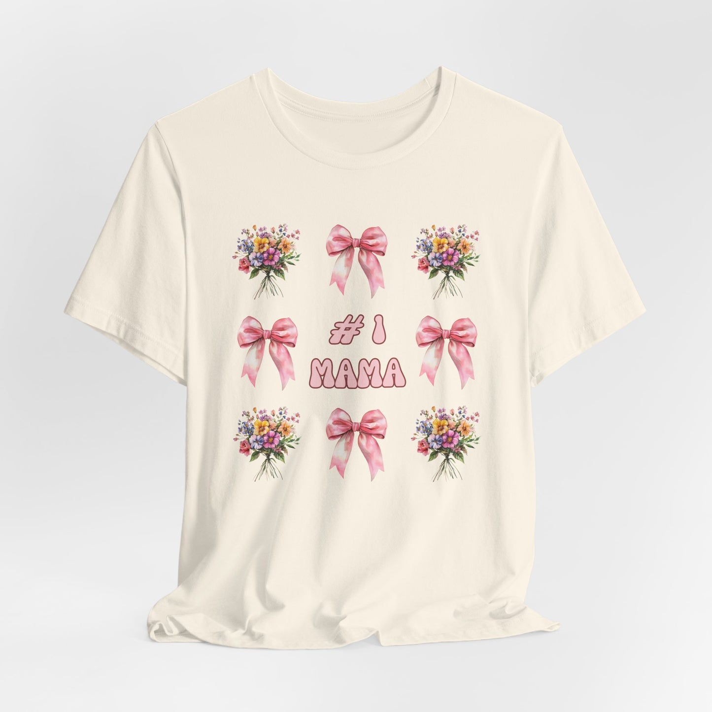 #1 Mama T-Shirt – Soft Cotton Tee with Pink Bows & Florals – Gift for Mom