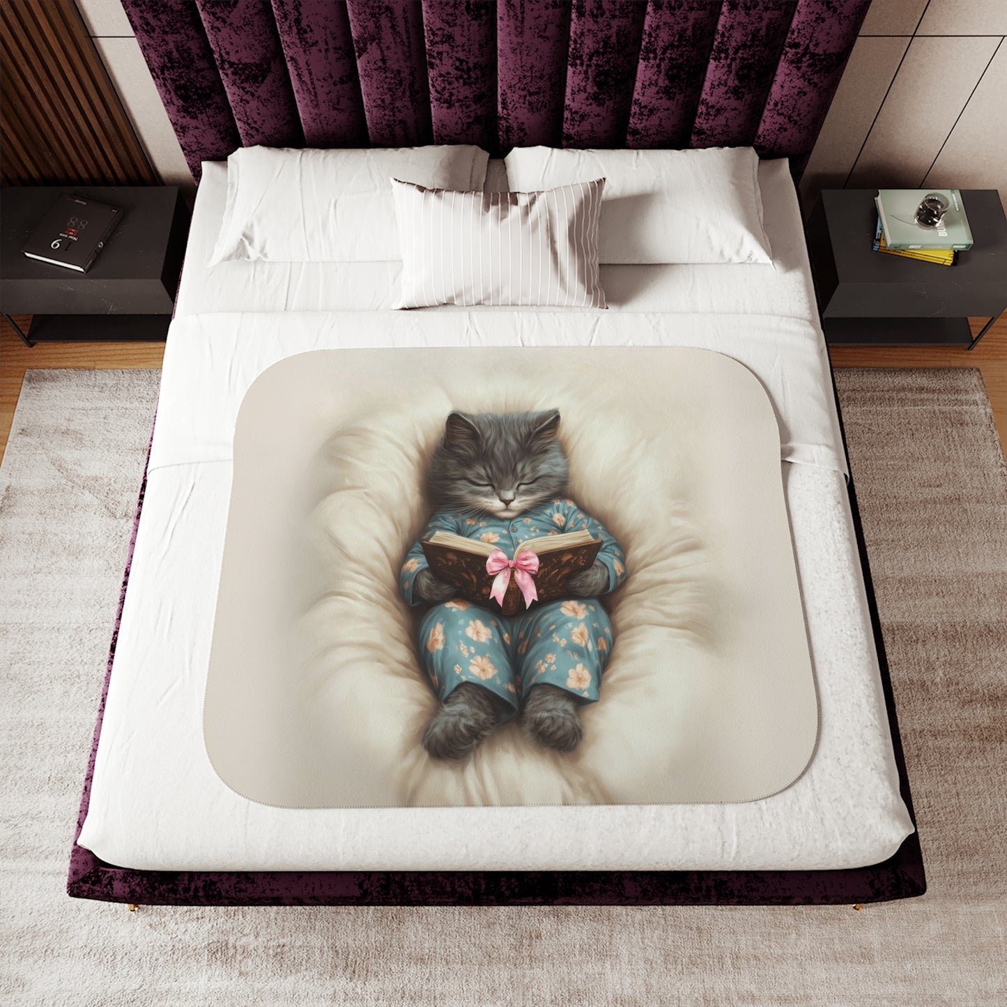 Comfort Zone - Cozy Cat Reading Blanket – Custom Sherpa Throw, Beige - Horizontal