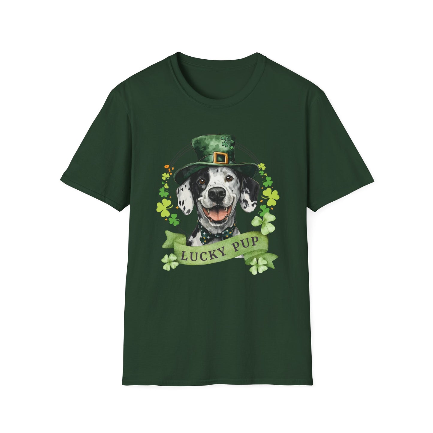 forest green St. Patrick’s Day t-shirt featuring a Dalmatian lucky pup with a shamrock garland and festive Irish