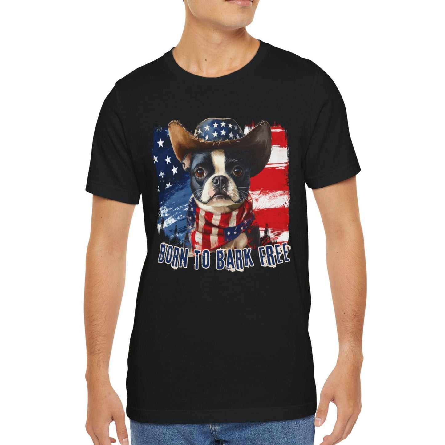 Boston Terrier Patriotic T-Shirt "Born to Bark Free" - Dog-Themed Patriotic Design