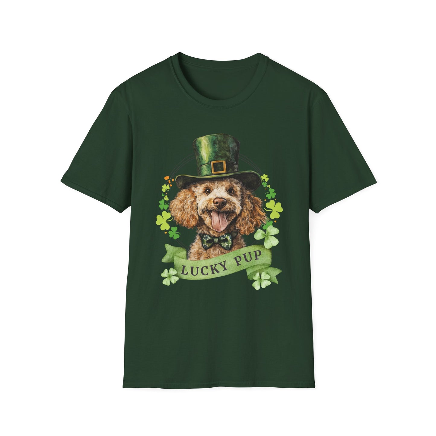 St. Patrick’s Day forest green t-shirt featuring a Poodle dog with a shamrock garland and festive Irish design