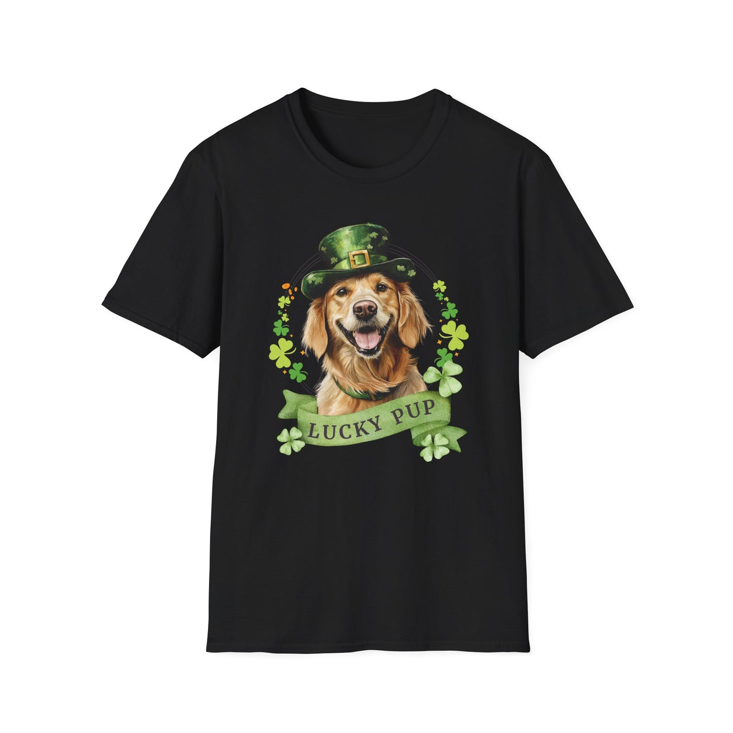 St. Patrick’s Day black t-shirt featuring a golden retriever dog with a shamrock garland and festive Irish designan