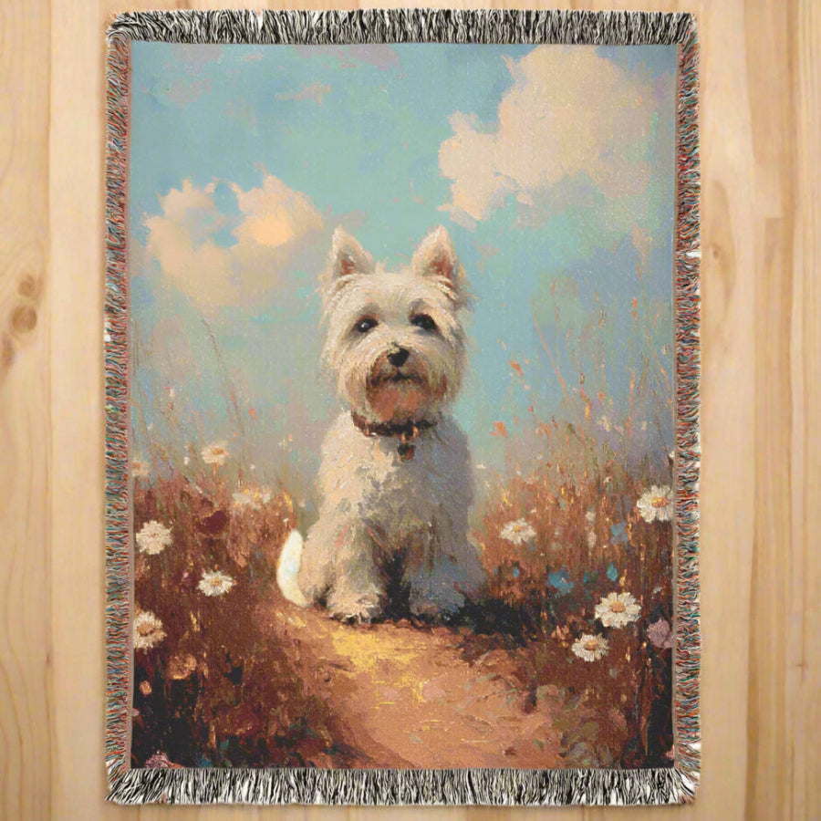 Westie in a Wildflower Meadow – Woven Blanket - Floral Dog Design for Home Comfort - Customization available