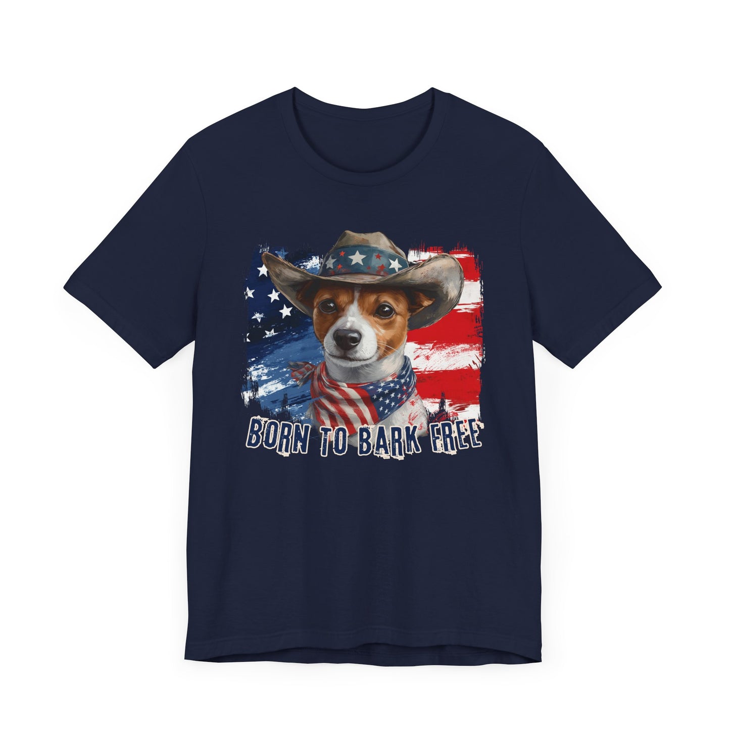 Jack Russel Patriotic T-Shirt "Born to Bark Free" - Dog-Themed Patriotic Design