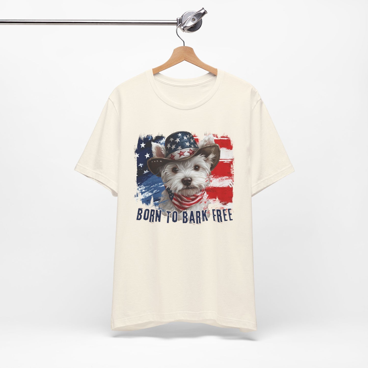 Westie Patriotic T-Shirt "Born to Bark Free" - Dog-Themed Patriotic Design