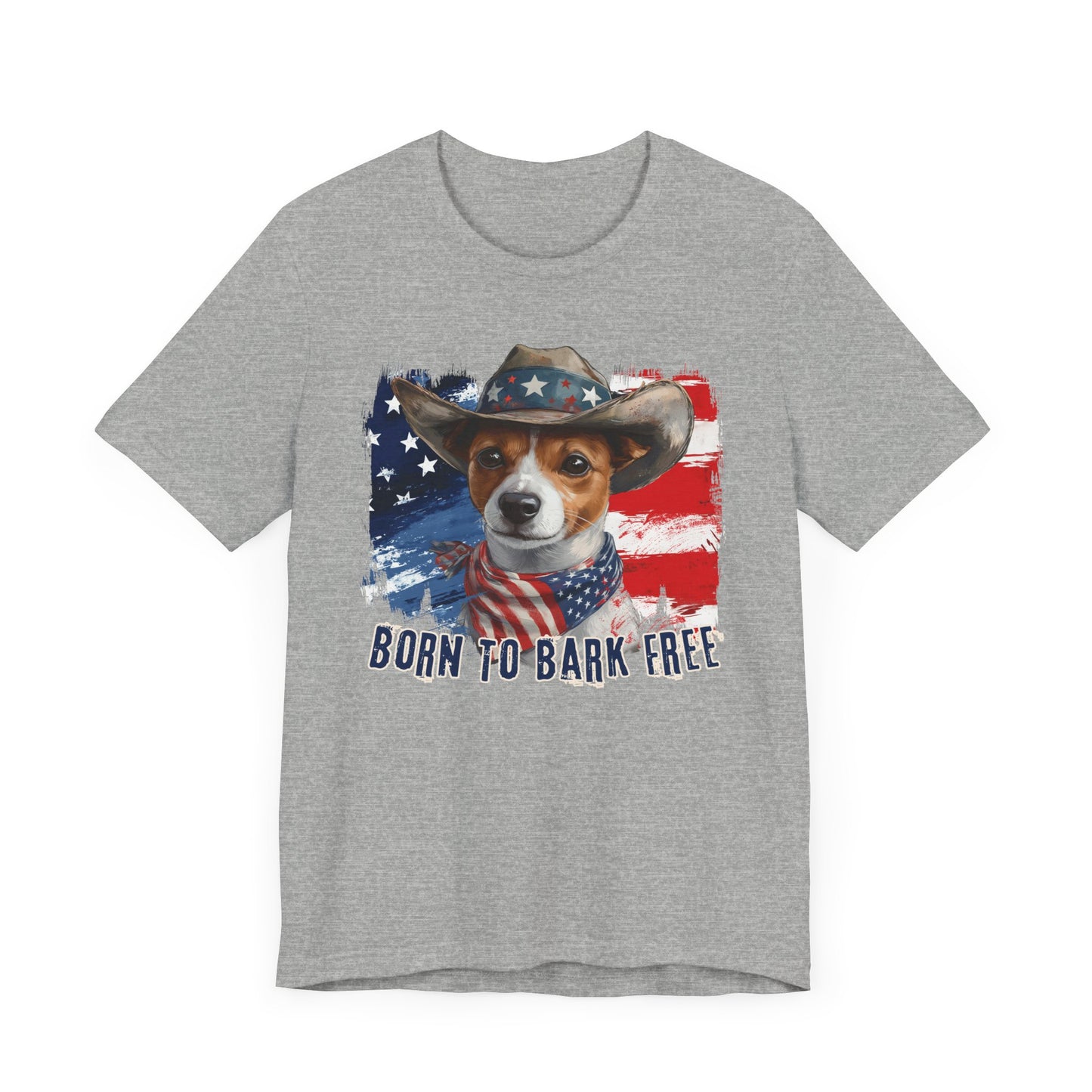 Jack Russel Patriotic T-Shirt "Born to Bark Free" - Dog-Themed Patriotic Design