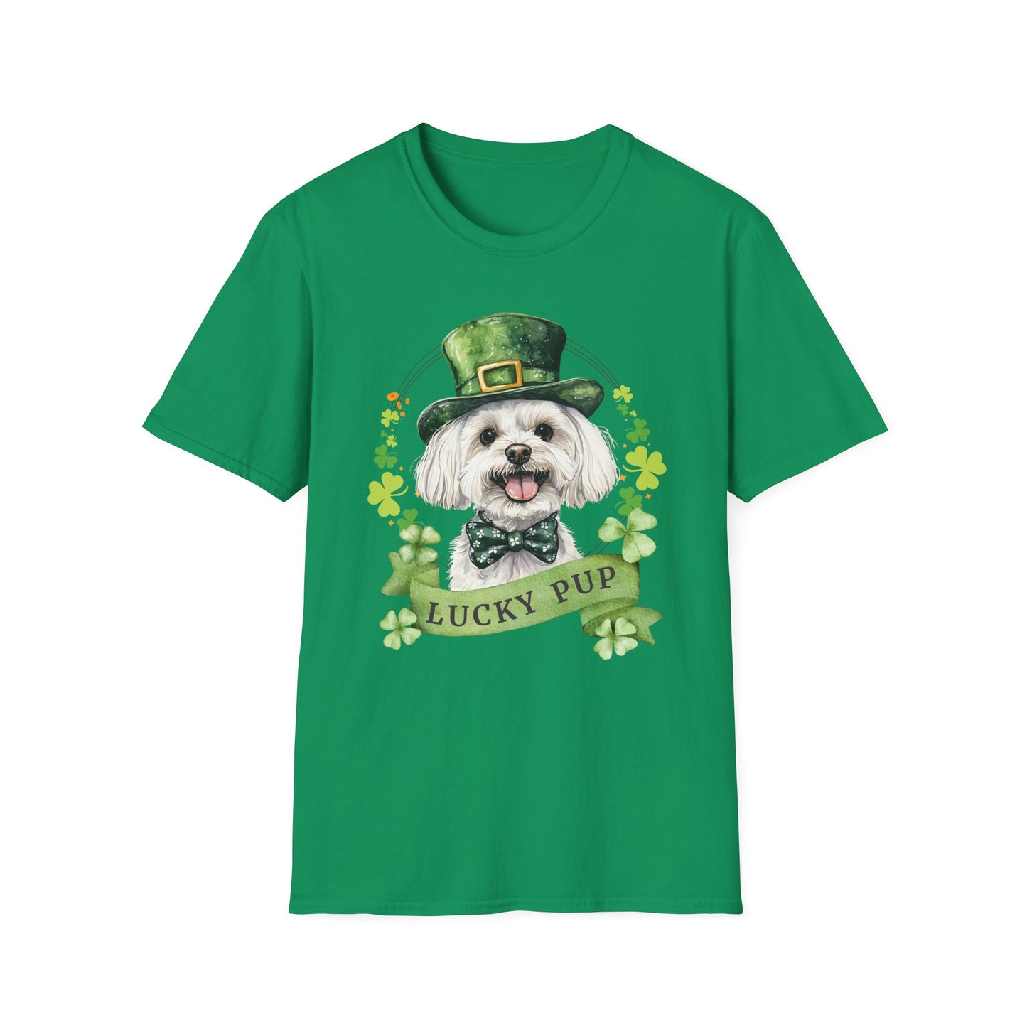 St. Patrick’s Day maltese dog kelly green t-shirt with a lucky shamrock print, great for dog lovers
