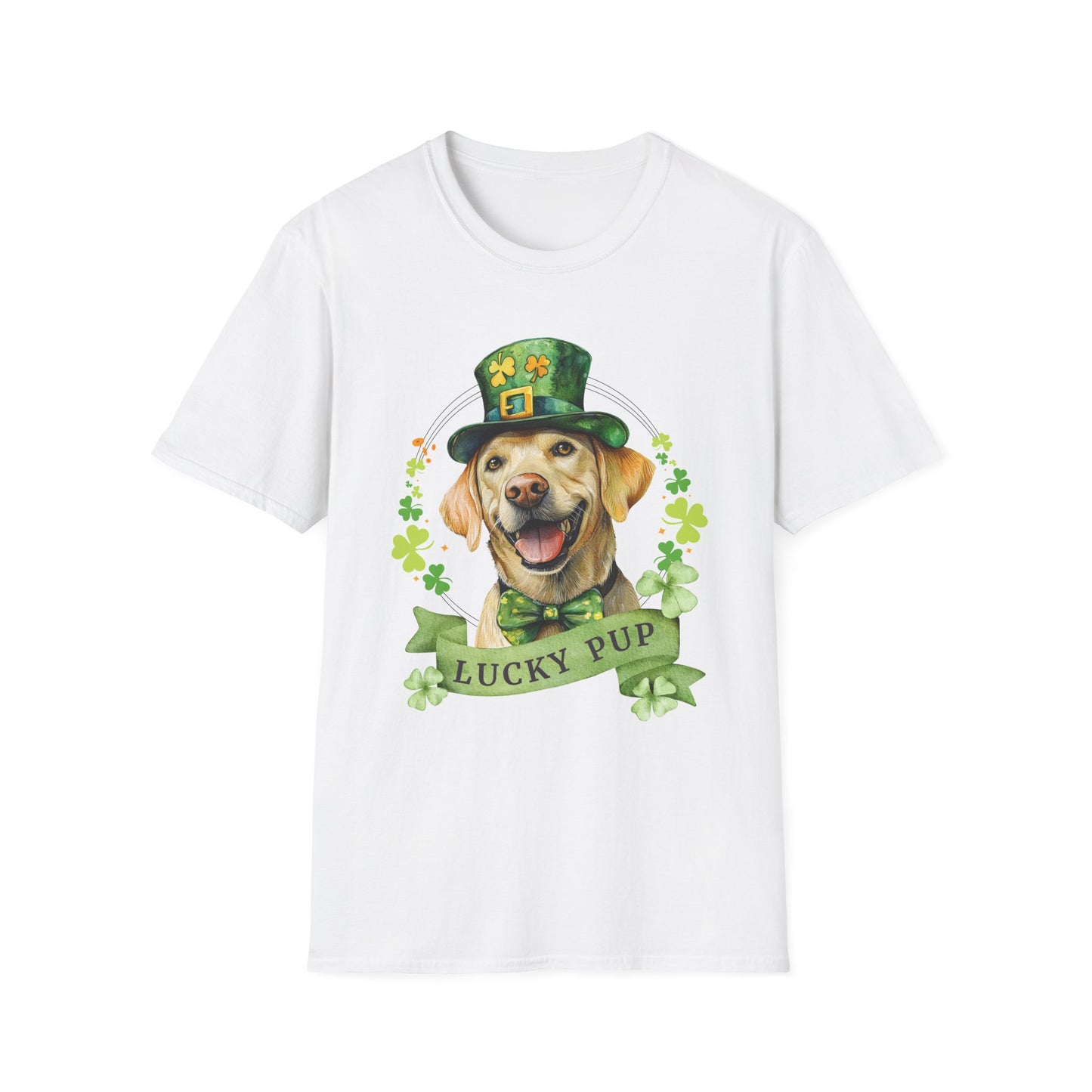 St. Patrick’s Day t-shirt featuring a yellow labrador retriever dog with a shamrock garland and festive Irish design white