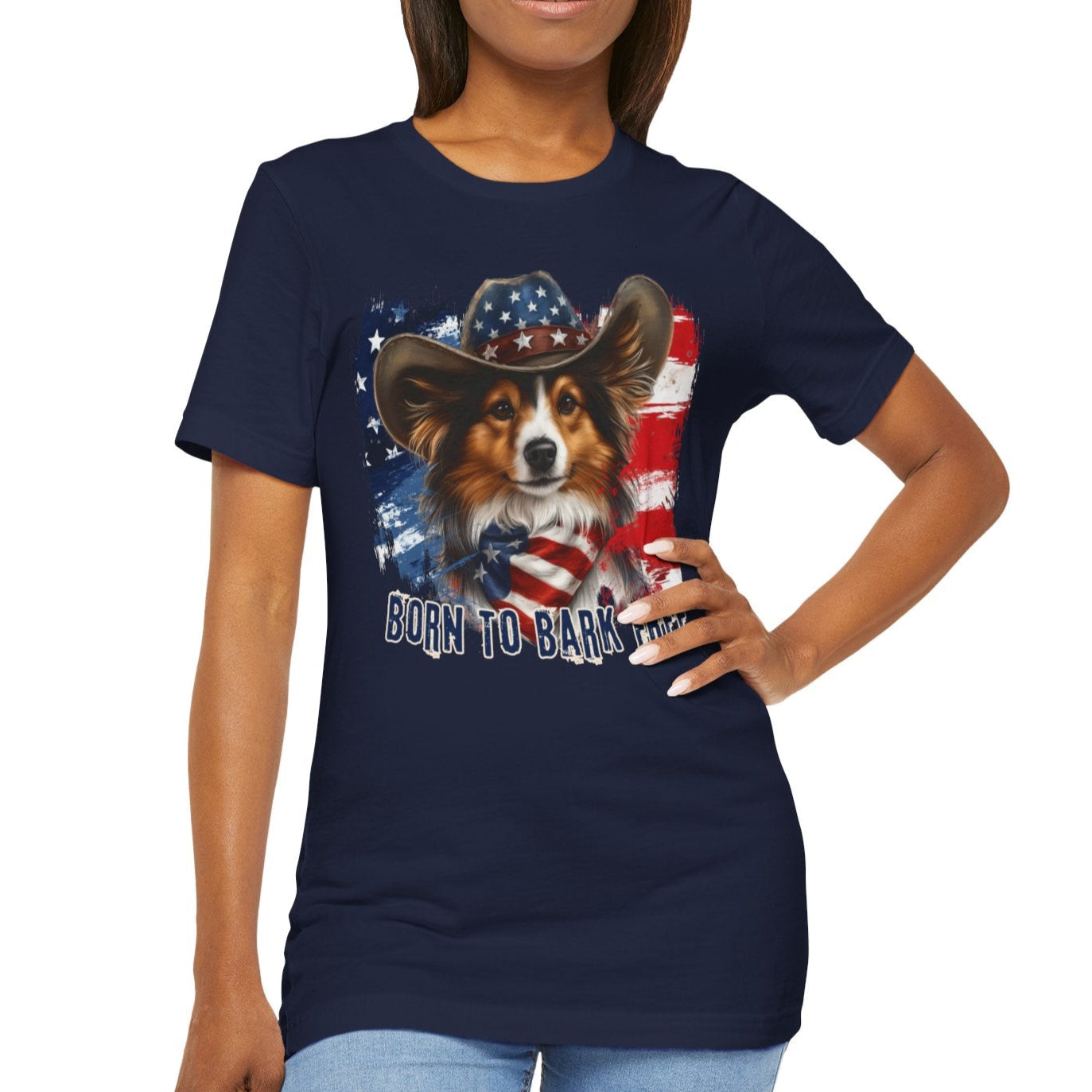 born to bark free sheltie patriotic t-shirt