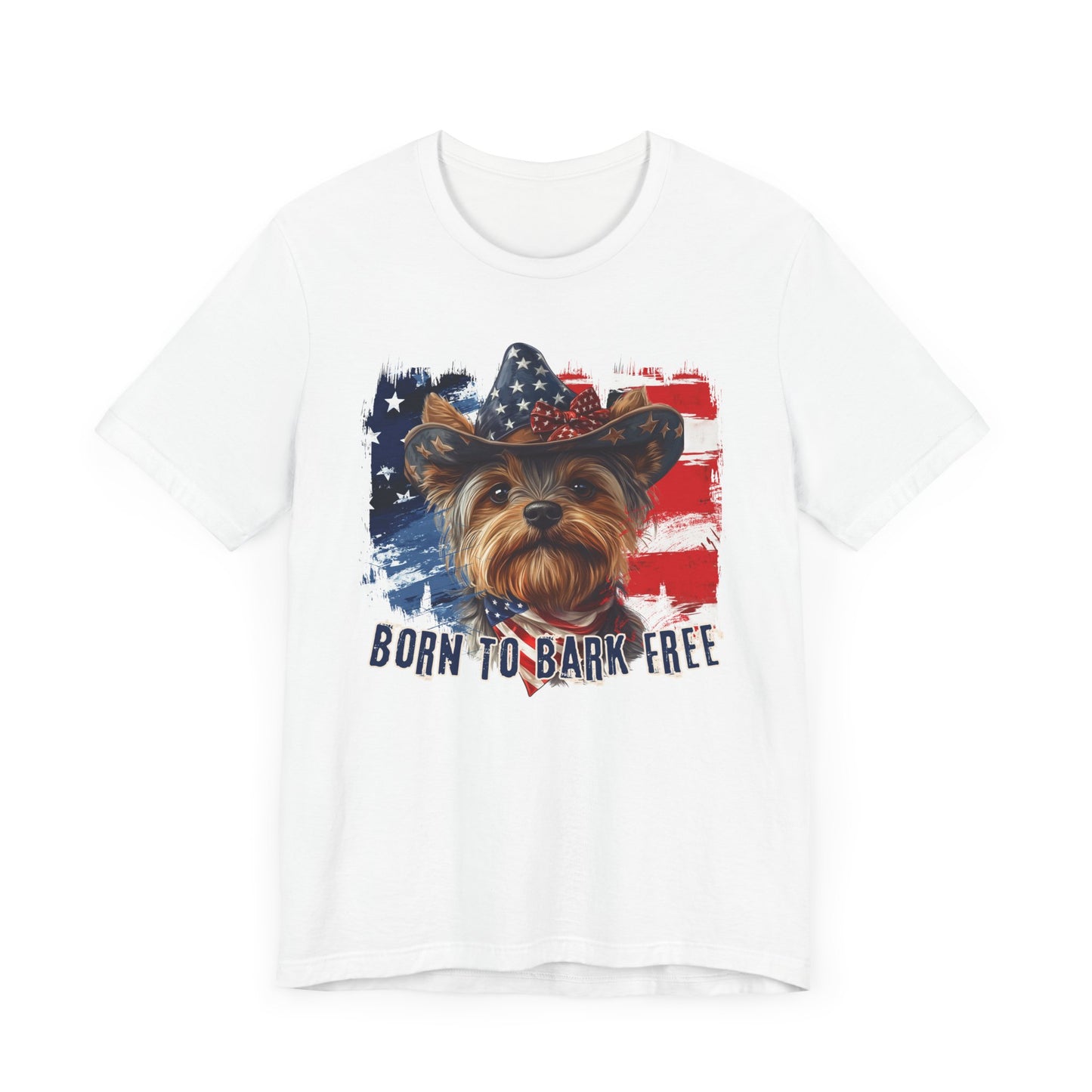 Yorkie Patriotic T-Shirt "Born to Bark Free" - Dog-Themed Patriotic Design