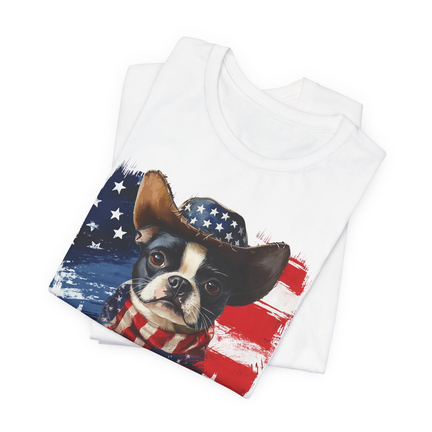 Boston Terrier Patriotic T-Shirt "Born to Bark Free" - Dog-Themed Patriotic Design
