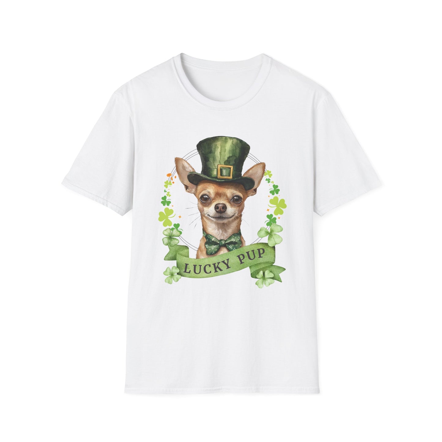 St. Patrick’s Day white t-shirt featuring a Chihuahua dog with a shamrock garland and festive Irish design