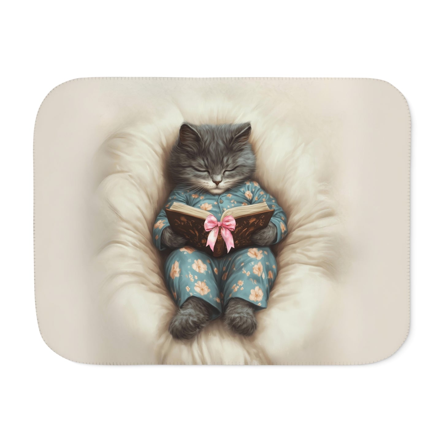 Comfort Zone - Cozy Cat Reading Blanket – Custom Sherpa Throw, Beige - Horizontal