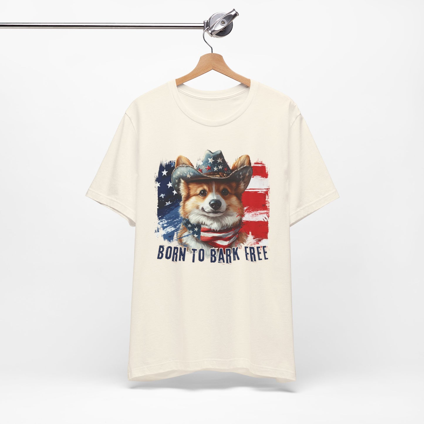 Corgi Patriotic T-Shirt "Born to Bark Free" - Dog-Themed Patriotic Design