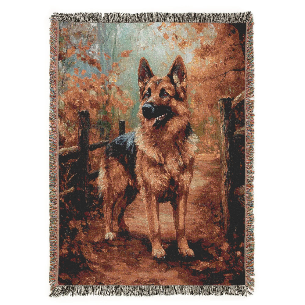 German Shepherd on a Woodland Path – Woven Blanket - Floral Dog Design for Home Comfort