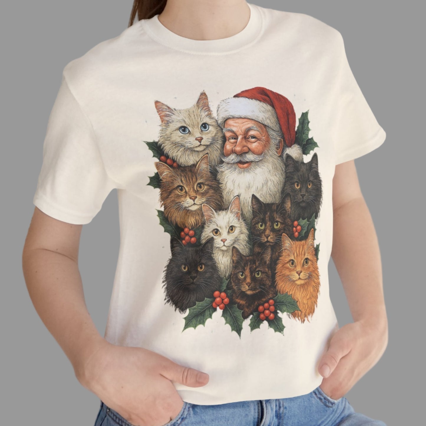 Santa & His Fluffy Cats Christmas T-Shirt – Vintage Holiday Cat Lover Tee
