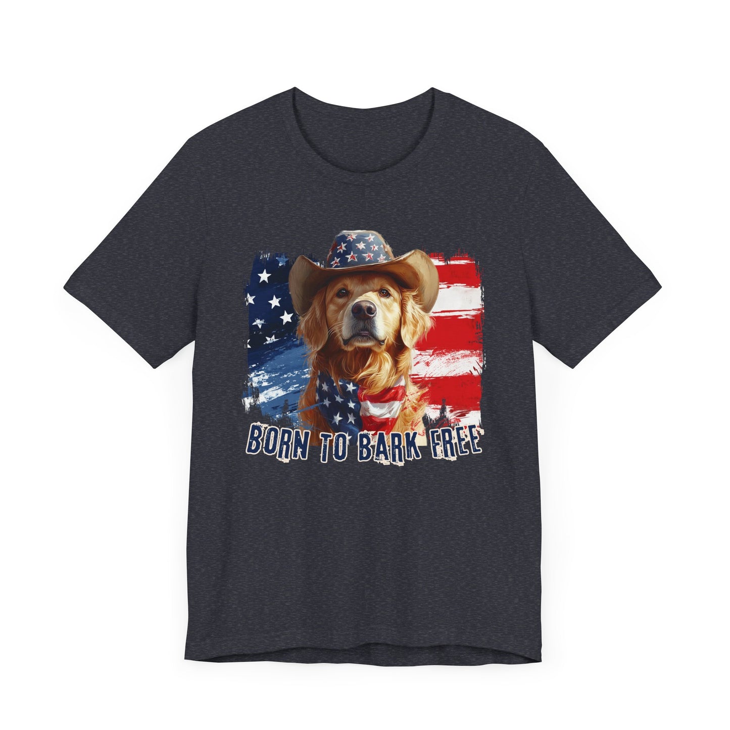 Golden Retriever Patriotic T-Shirt "Born to Bark Free" - Dog-Themed Patriotic Design