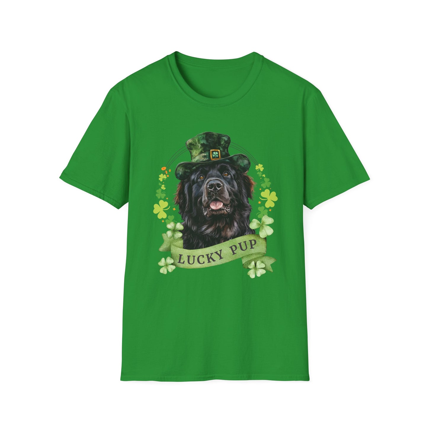 St. Patrick’s Day newfoundland dog irish green t-shirt with a lucky shamrock print, great for dog lovers