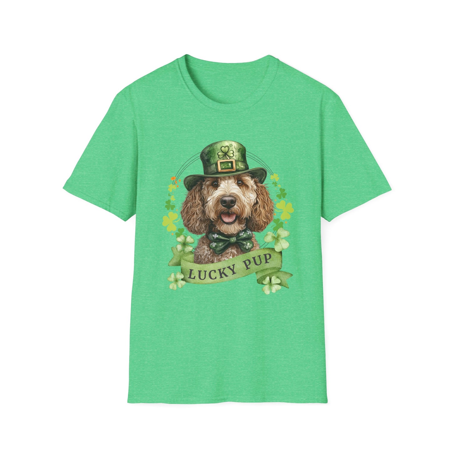heather kelly green St. Patrick’s Day t-shirt featuring a labradoodle dog with a shamrock garland and festive Irish design