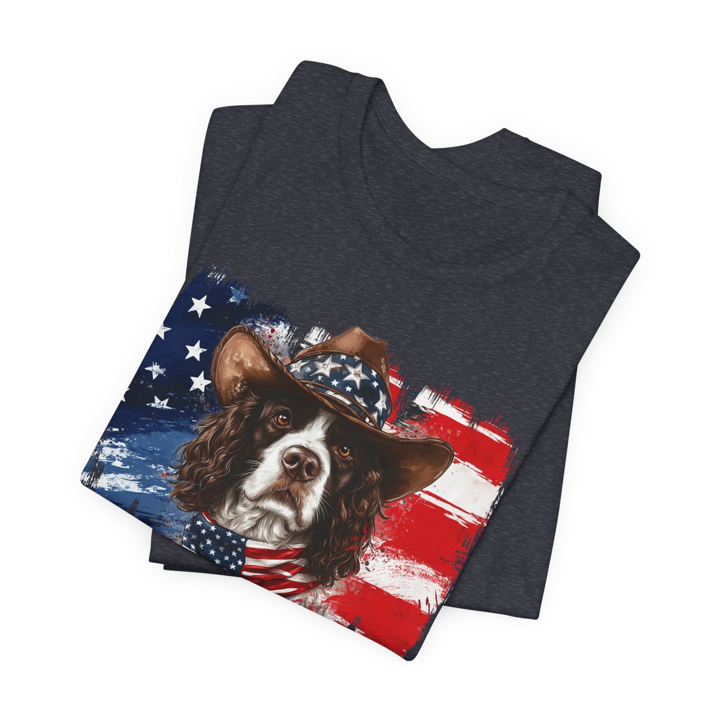 English Springer Spaniel Patriotic T-Shirt "Born to Bark Free" - Dog-Themed Patriotic Design