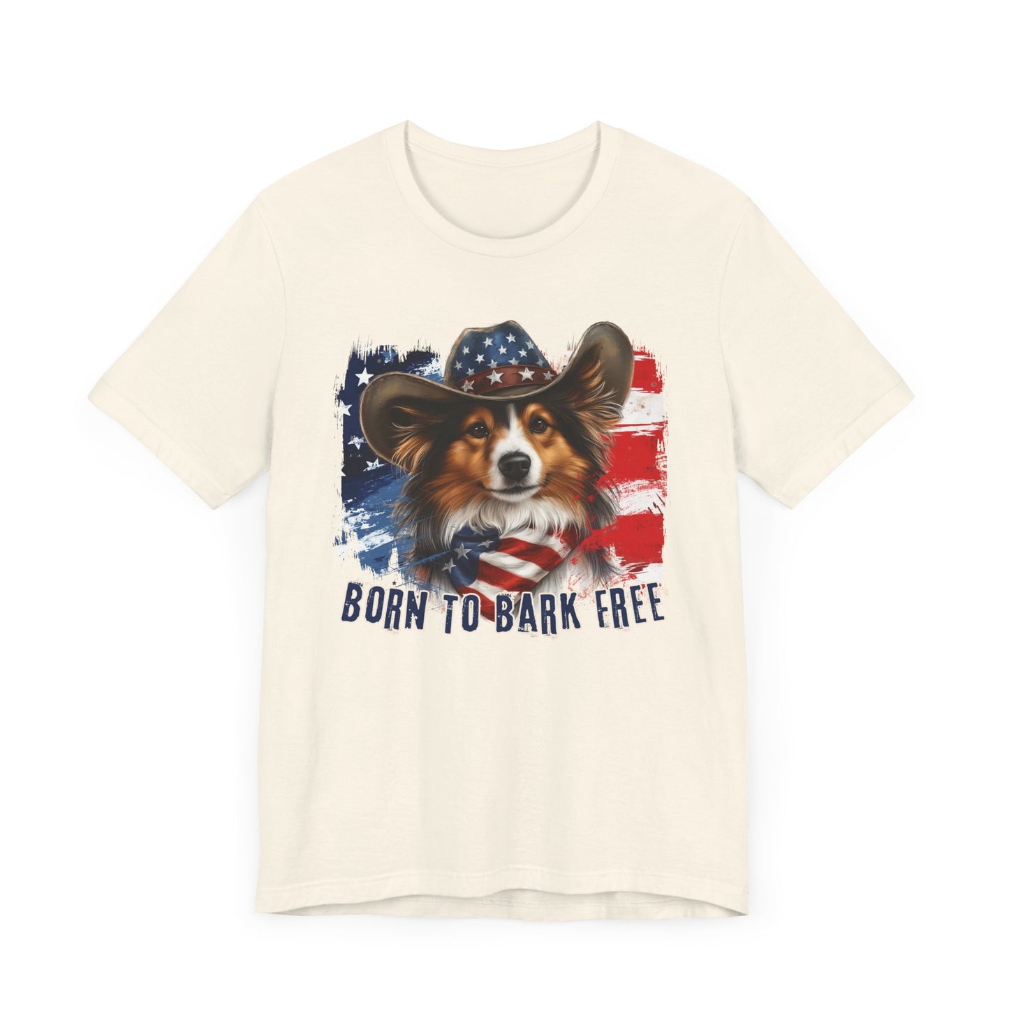Sheltie Patriotic T-Shirt "Born to Bark Free" - Dog-Themed Patriotic Design