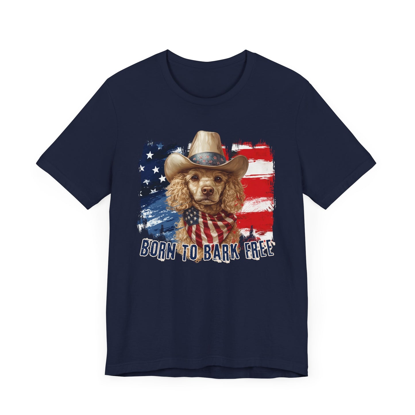 Yellow Poodle Patriotic T-Shirt "Born to Bark Free" - Dog-Themed Patriotic Design